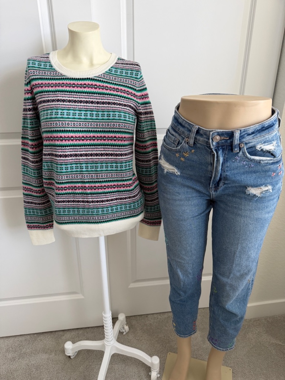 Talbots Fair Isle Crewneck Sweater Lambswool Blend XS Pink Green Preppy Coastal